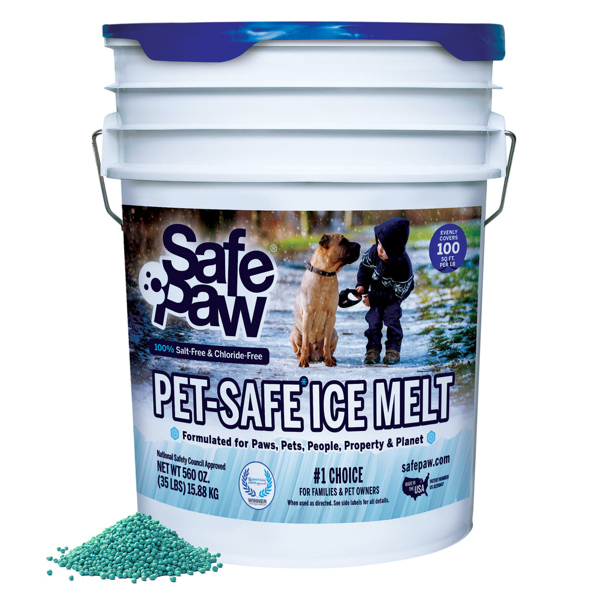 Safe Paw Pet Safe Ice Melt, 100% Salt and Chloride free with Traction Agent, Non-Toxic, Fast Acting, Lasts 3X Longer – 35 Lbs